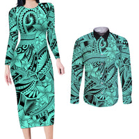 Polynesia Couples Matching Long Sleeve Bodycon Dress and Long Sleeve Button Shirt Tribal Polynesian Spirit With Teal Pacific Flowers LT9 - Wonder Print Shop