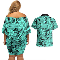 Polynesia Couples Matching Off Shoulder Short Dress and Hawaiian Shirt Tribal Polynesian Spirit With Teal Pacific Flowers LT9 - Wonder Print Shop