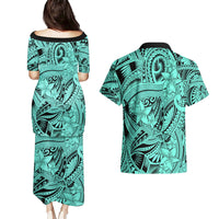 Polynesia Couples Matching Puletasi Dress and Hawaiian Shirt Tribal Polynesian Spirit With Teal Pacific Flowers LT9 - Wonder Print Shop