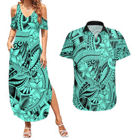 Polynesia Couples Matching Summer Maxi Dress and Hawaiian Shirt Tribal Polynesian Spirit With Teal Pacific Flowers LT9 - Wonder Print Shop