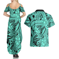 Polynesia Couples Matching Summer Maxi Dress and Hawaiian Shirt Tribal Polynesian Spirit With Teal Pacific Flowers LT9 - Wonder Print Shop