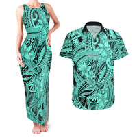 Polynesia Couples Matching Tank Maxi Dress and Hawaiian Shirt Tribal Polynesian Spirit With Teal Pacific Flowers LT9 - Wonder Print Shop