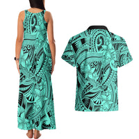 Polynesia Couples Matching Tank Maxi Dress and Hawaiian Shirt Tribal Polynesian Spirit With Teal Pacific Flowers LT9 - Wonder Print Shop