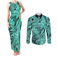 Polynesia Couples Matching Tank Maxi Dress and Long Sleeve Button Shirt Tribal Polynesian Spirit With Teal Pacific Flowers LT9 - Wonder Print Shop