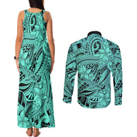 Polynesia Couples Matching Tank Maxi Dress and Long Sleeve Button Shirt Tribal Polynesian Spirit With Teal Pacific Flowers LT9 - Wonder Print Shop