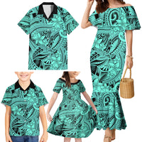 Polynesia Family Matching Mermaid Dress and Hawaiian Shirt Tribal Polynesian Spirit With Teal Pacific Flowers LT9 - Wonder Print Shop