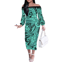 Polynesia Family Matching Off Shoulder Long Sleeve Dress and Hawaiian Shirt Tribal Polynesian Spirit With Teal Pacific Flowers - Wonder Print Shop