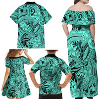 Polynesia Family Matching Off Shoulder Maxi Dress and Hawaiian Shirt Tribal Polynesian Spirit With Teal Pacific Flowers LT9 - Wonder Print Shop