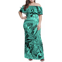 Polynesia Family Matching Off Shoulder Maxi Dress and Hawaiian Shirt Tribal Polynesian Spirit With Teal Pacific Flowers LT9 - Wonder Print Shop
