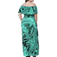 Polynesia Family Matching Off Shoulder Maxi Dress and Hawaiian Shirt Tribal Polynesian Spirit With Teal Pacific Flowers LT9 - Wonder Print Shop