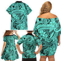Polynesia Family Matching Off Shoulder Short Dress and Hawaiian Shirt Tribal Polynesian Spirit With Teal Pacific Flowers LT9 - Wonder Print Shop