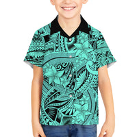 Polynesia Family Matching Puletasi Dress and Hawaiian Shirt Tribal Polynesian Spirit With Teal Pacific Flowers - Wonder Print Shop