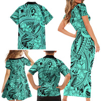 Polynesia Family Matching Short Sleeve Bodycon Dress and Hawaiian Shirt Tribal Polynesian Spirit With Teal Pacific Flowers - Wonder Print Shop