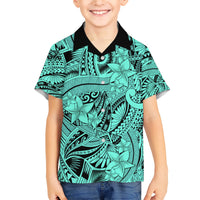 Polynesia Family Matching Short Sleeve Bodycon Dress and Hawaiian Shirt Tribal Polynesian Spirit With Teal Pacific Flowers - Wonder Print Shop