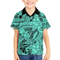 Kids teal Hawaiian shirt with black collar and tribal floral pattern, button front