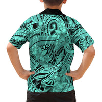 Kids teal Hawaiian shirt back view with black collar and tribal floral pattern