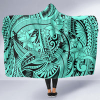 Polynesia Hooded Blanket Tribal Polynesian Spirit With Teal Pacific Flowers LT9