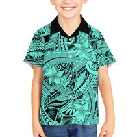 Polynesia Kid Hawaiian Shirt Tribal Polynesian Spirit With Teal Pacific Flowers - Wonder Print Shop