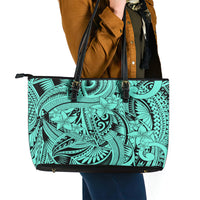 Polynesia Leather Tote Bag Tribal Polynesian Spirit With Teal Pacific Flowers - Wonder Print Shop