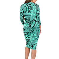 Polynesia Long Sleeve Bodycon Dress Tribal Polynesian Spirit With Teal Pacific Flowers - Wonder Print Shop