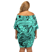 Polynesia Off Shoulder Short Dress Tribal Polynesian Spirit With Teal Pacific Flowers - Wonder Print Shop