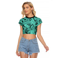 Polynesia Raglan Cropped T Shirt Tribal Polynesian Spirit With Teal Pacific Flowers - Wonder Print Shop
