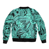Polynesia Sleeve Zip Bomber Jacket Tribal Polynesian Spirit With Teal Pacific Flowers - Wonder Print Shop