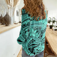 Polynesia Women Casual Shirt Tribal Polynesian Spirit With Teal Pacific Flowers - Wonder Print Shop