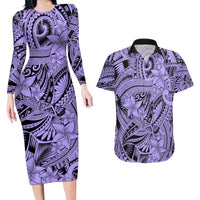 Polynesia Couples Matching Long Sleeve Bodycon Dress and Hawaiian Shirt Tribal Polynesian Spirit With Violet Pacific Flowers LT9 - Wonder Print Shop