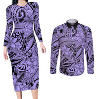 Polynesia Couples Matching Long Sleeve Bodycon Dress and Long Sleeve Button Shirt Tribal Polynesian Spirit With Violet Pacific Flowers LT9 - Wonder Print Shop