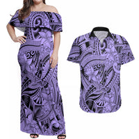 Polynesia Couples Matching Off Shoulder Maxi Dress and Hawaiian Shirt Tribal Polynesian Spirit With Violet Pacific Flowers LT9 - Wonder Print Shop