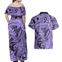 Polynesia Couples Matching Off Shoulder Maxi Dress and Hawaiian Shirt Tribal Polynesian Spirit With Violet Pacific Flowers LT9 - Wonder Print Shop