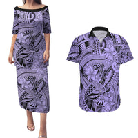 Polynesia Couples Matching Puletasi Dress and Hawaiian Shirt Tribal Polynesian Spirit With Violet Pacific Flowers LT9 - Wonder Print Shop