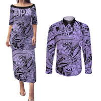 Polynesia Couples Matching Puletasi Dress and Long Sleeve Button Shirt Tribal Polynesian Spirit With Violet Pacific Flowers LT9 - Wonder Print Shop