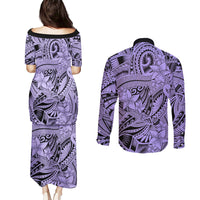 Polynesia Couples Matching Puletasi Dress and Long Sleeve Button Shirt Tribal Polynesian Spirit With Violet Pacific Flowers LT9 - Wonder Print Shop