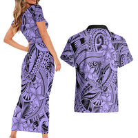 Polynesia Couples Matching Short Sleeve Bodycon Dress and Hawaiian Shirt Tribal Polynesian Spirit With Violet Pacific Flowers LT9 - Wonder Print Shop