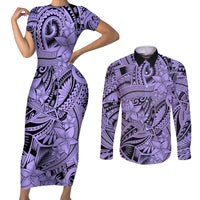 Polynesia Couples Matching Short Sleeve Bodycon Dress and Long Sleeve Button Shirt Tribal Polynesian Spirit With Violet Pacific Flowers LT9 - Wonder Print Shop