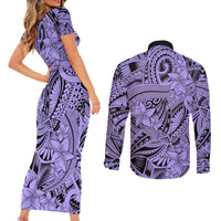 Polynesia Couples Matching Short Sleeve Bodycon Dress and Long Sleeve Button Shirt Tribal Polynesian Spirit With Violet Pacific Flowers LT9 - Wonder Print Shop