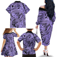 Polynesia Family Matching Off Shoulder Long Sleeve Dress and Hawaiian Shirt Tribal Polynesian Spirit With Violet Pacific Flowers - Wonder Print Shop