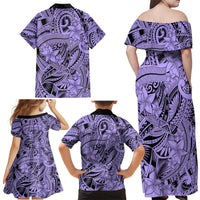 Polynesia Family Matching Off Shoulder Maxi Dress and Hawaiian Shirt Tribal Polynesian Spirit With Violet Pacific Flowers LT9 - Wonder Print Shop