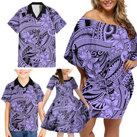 Polynesia Family Matching Off Shoulder Short Dress and Hawaiian Shirt Tribal Polynesian Spirit With Violet Pacific Flowers LT9 - Wonder Print Shop