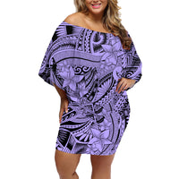 Polynesia Family Matching Off Shoulder Short Dress and Hawaiian Shirt Tribal Polynesian Spirit With Violet Pacific Flowers LT9 - Wonder Print Shop