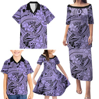 Polynesia Family Matching Puletasi Dress and Hawaiian Shirt Tribal Polynesian Spirit With Violet Pacific Flowers - Wonder Print Shop