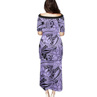 Polynesia Family Matching Puletasi Dress and Hawaiian Shirt Tribal Polynesian Spirit With Violet Pacific Flowers - Wonder Print Shop