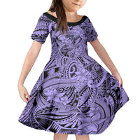Polynesia Family Matching Short Sleeve Bodycon Dress and Hawaiian Shirt Tribal Polynesian Spirit With Violet Pacific Flowers - Wonder Print Shop