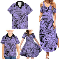 Polynesia Family Matching Summer Maxi Dress and Hawaiian Shirt Tribal Polynesian Spirit With Violet Pacific Flowers - Wonder Print Shop
