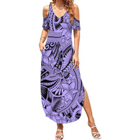Polynesia Family Matching Summer Maxi Dress and Hawaiian Shirt Tribal Polynesian Spirit With Violet Pacific Flowers - Wonder Print Shop