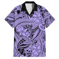 Violet and black Hawaiian shirt with tribal patterns and large floral print, short sleeves