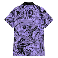 Violet and black Hawaiian shirt, back view with tribal lines and hibiscus-style floral print