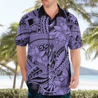 Violet and black Hawaiian shirt with button-up collar and floral tribal pattern, short sleeve